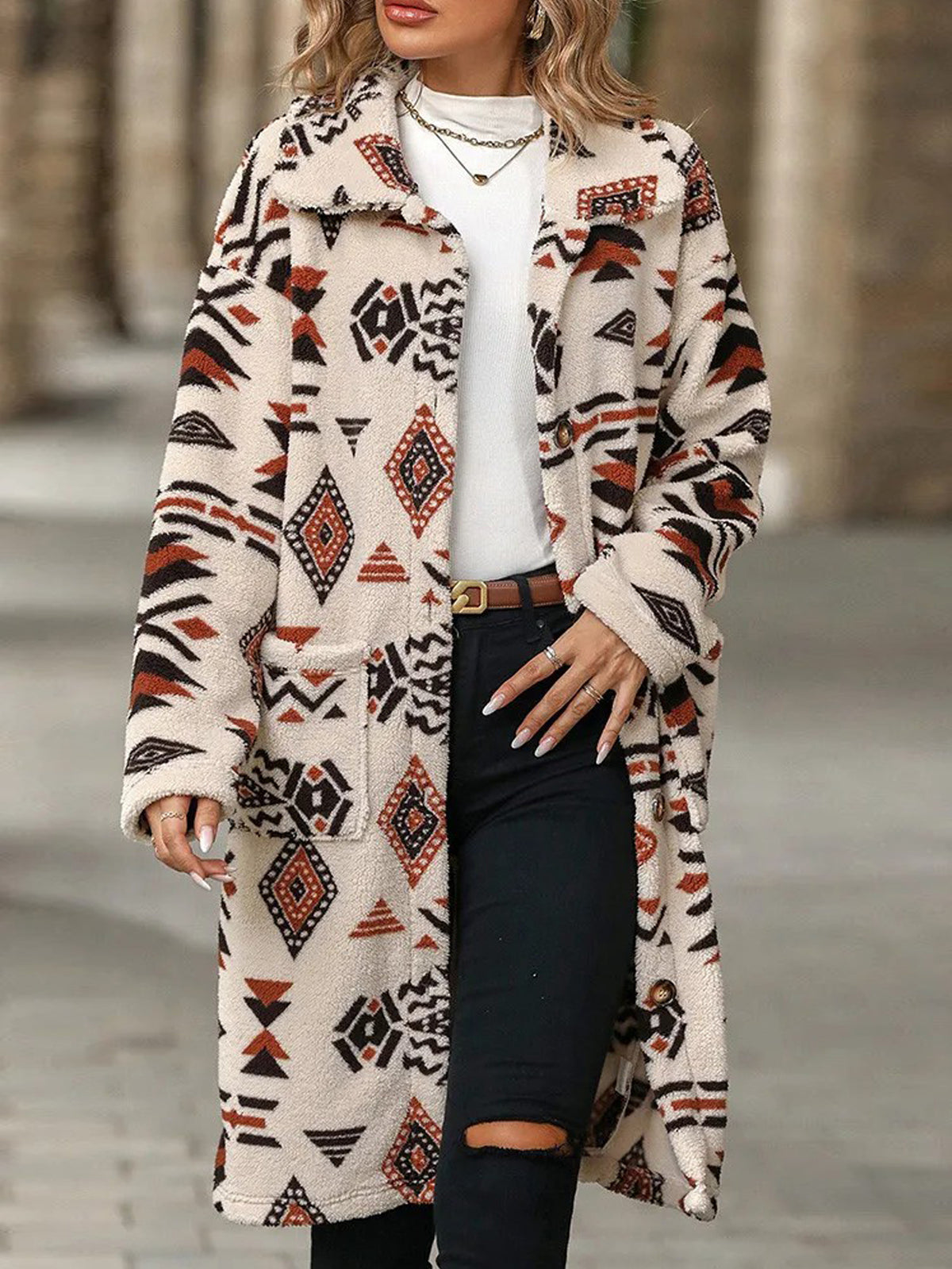Aztec Print Teddy Fleece Longline Coat - Beige