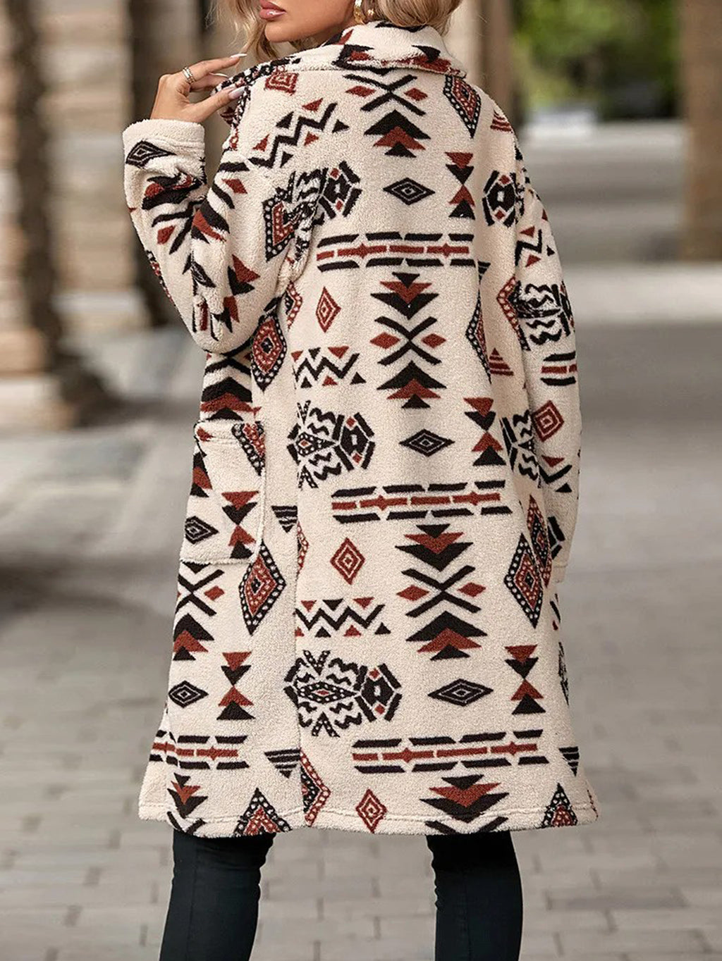 Aztec Print Teddy Fleece Longline Coat - Beige - 1