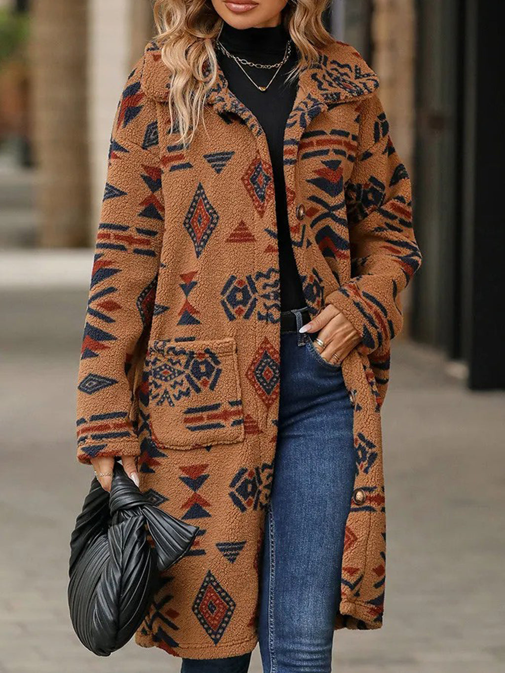 Aztec Print Teddy Fleece Longline Coat - Brown