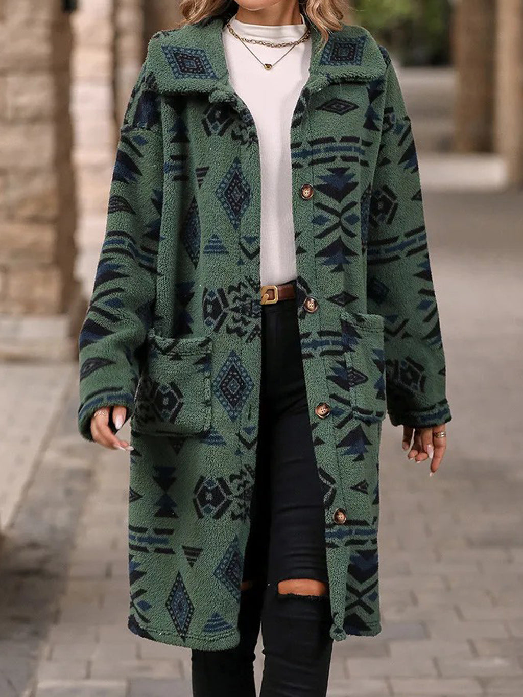 Aztec Print Teddy Fleece Longline Coat - Green