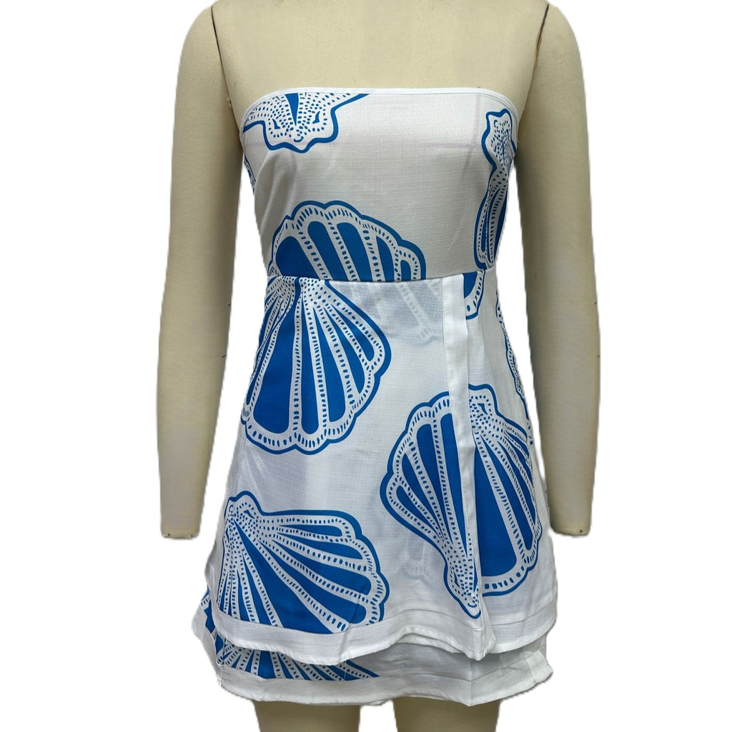 Shell Print Bandeau Top And Shorts Set - Blue