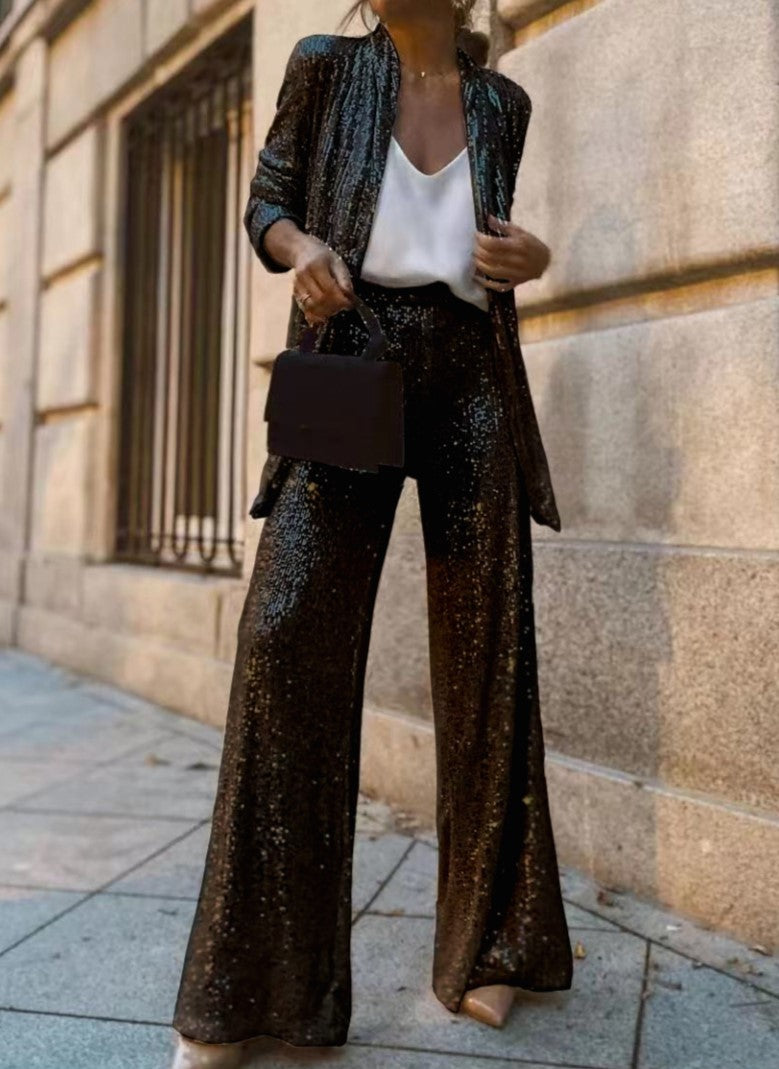 Sequin Blazer And Wide Leg Pants Set - Black