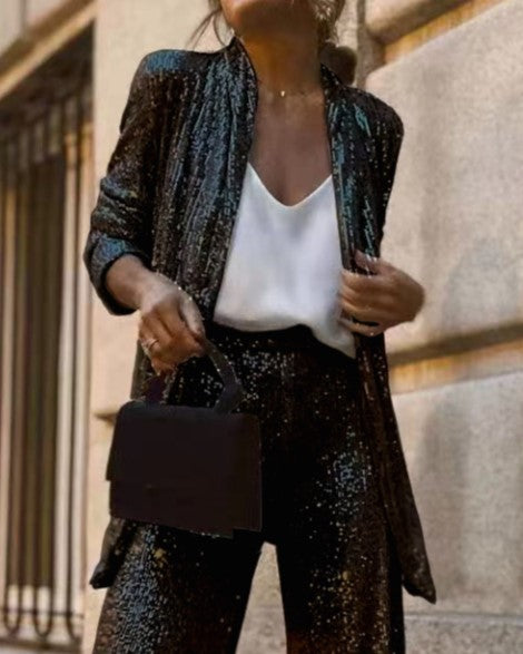 Sequin Blazer And Wide Leg Pants Set - Blazer-B
