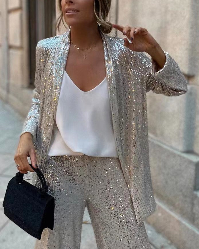 Sequin Blazer And Wide Leg Pants Set - Blazer-S
