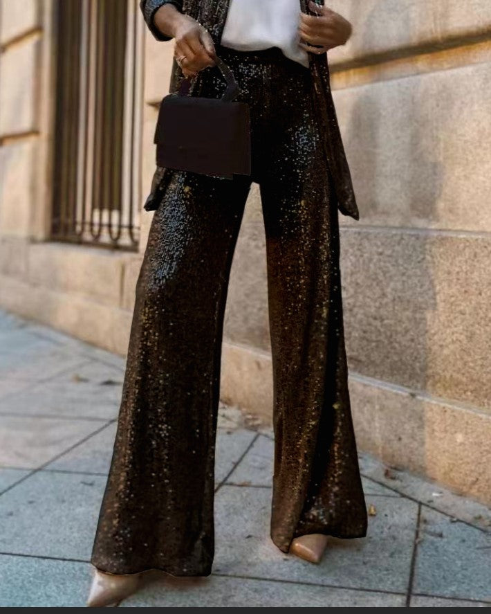Sequin Blazer And Wide Leg Pants Set - Pants-B
