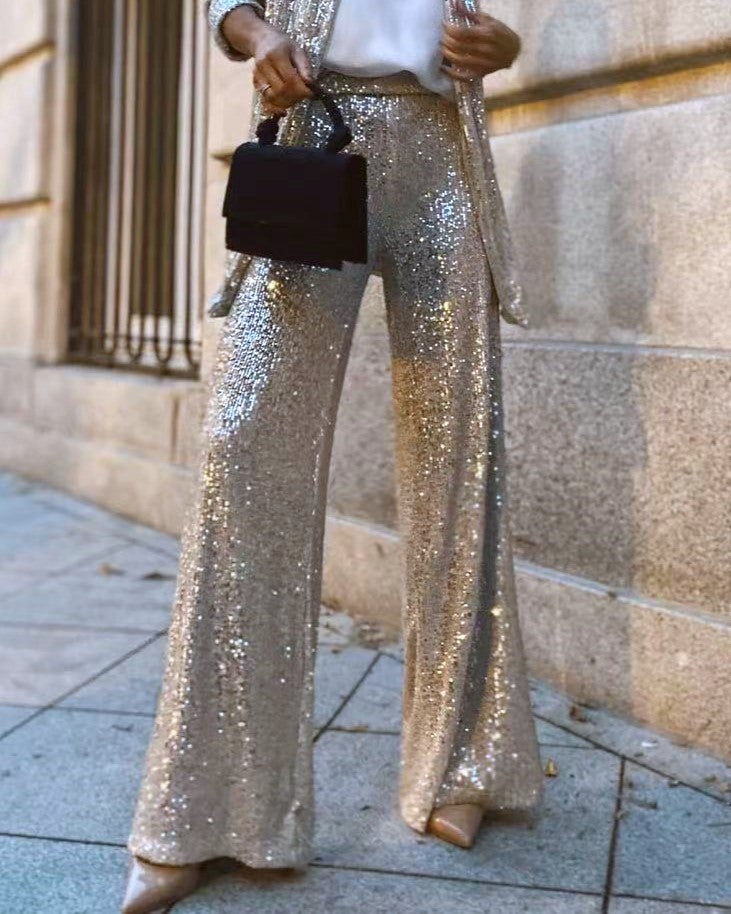 Sequin Blazer And Wide Leg Pants Set - Pants-S