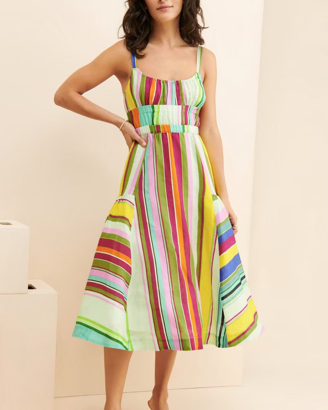 Rainbow Stripe Lace Up Back Midi Dress - Colorful