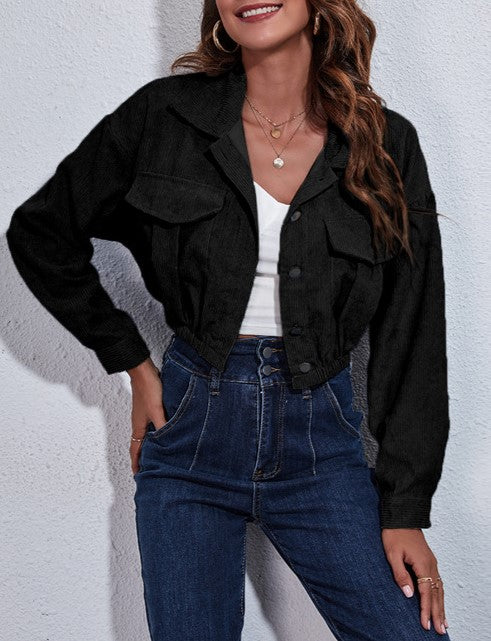 Corduroy Flap Pocket Cropped Trucker Jacket - Black - 1