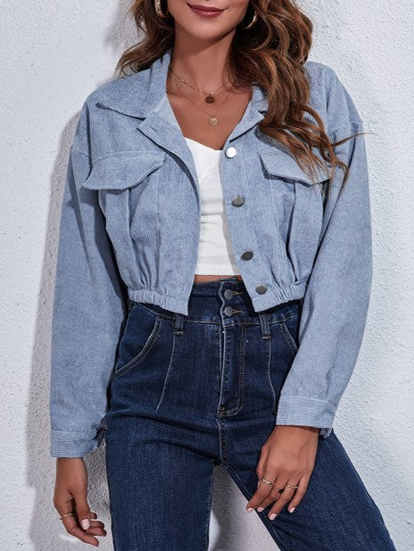 Corduroy Flap Pocket Cropped Trucker Jacket - Blue
