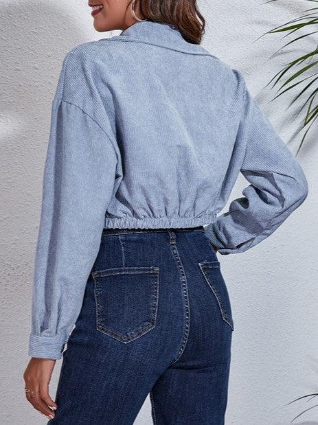 Corduroy Flap Pocket Cropped Trucker Jacket - Blue - 2