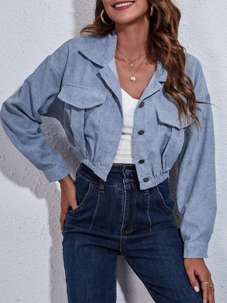 Corduroy Flap Pocket Cropped Trucker Jacket - Blue - 3
