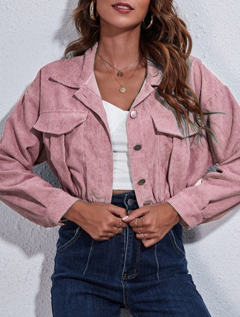 Corduroy Flap Pocket Cropped Trucker Jacket - Pink