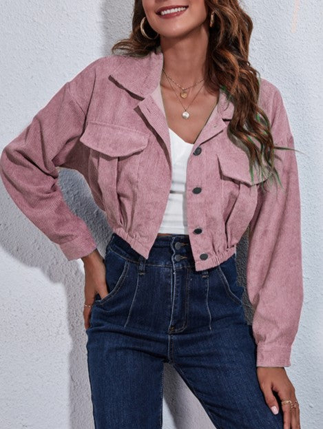 Corduroy Flap Pocket Cropped Trucker Jacket - Pink - 1
