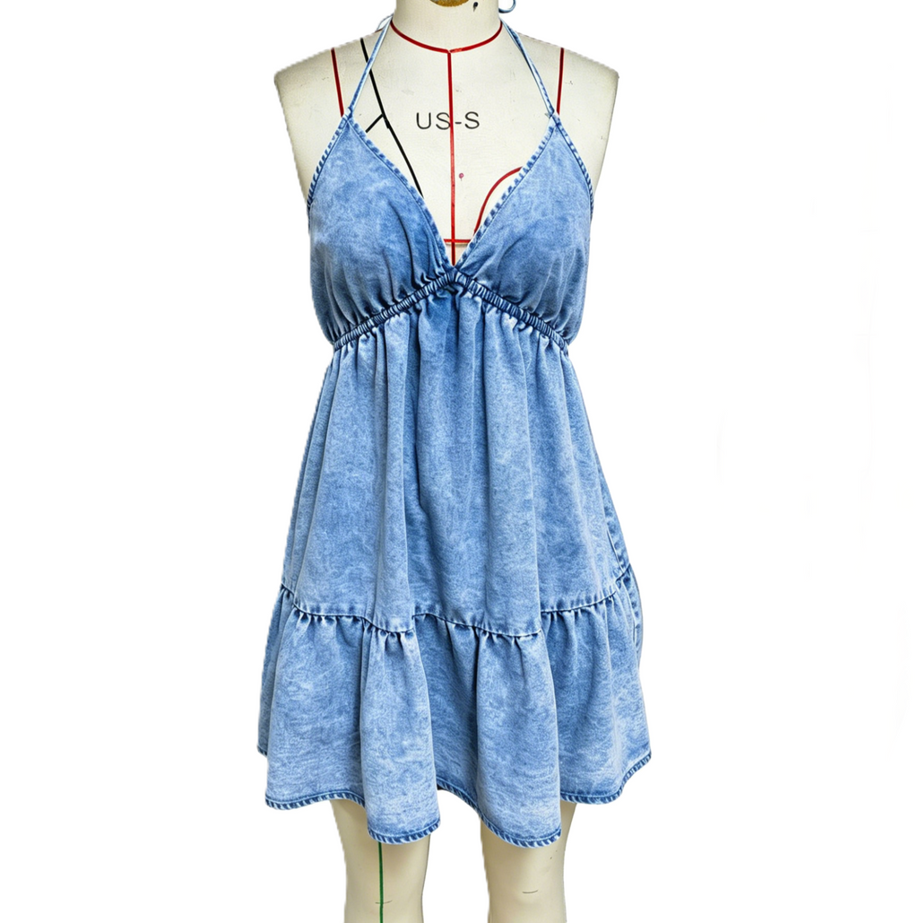 Tiered Babydoll Denim Mini Dress with Halter Bow Back