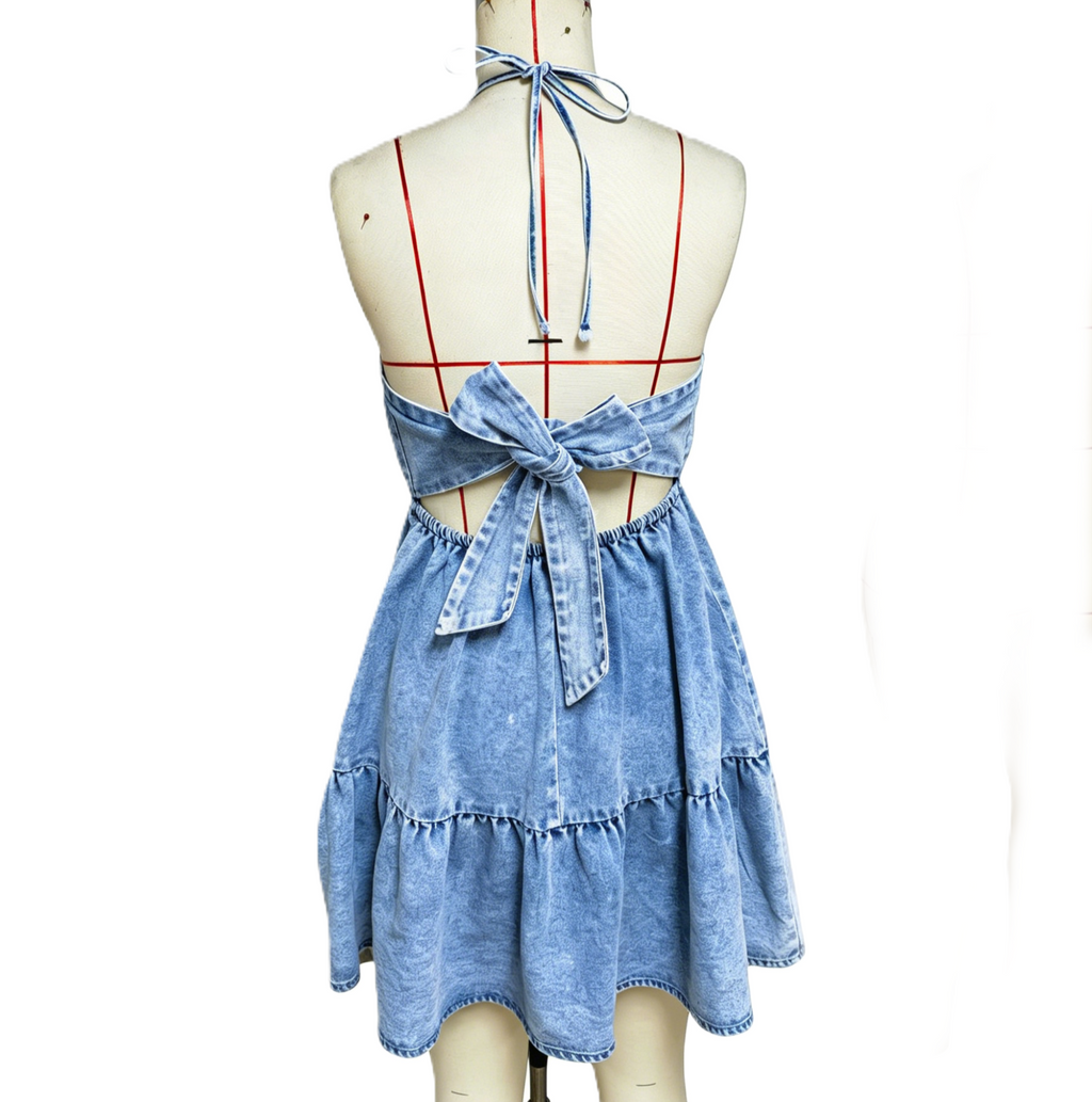 Tiered Babydoll Denim Mini Dress with Halter Bow Back - view 2