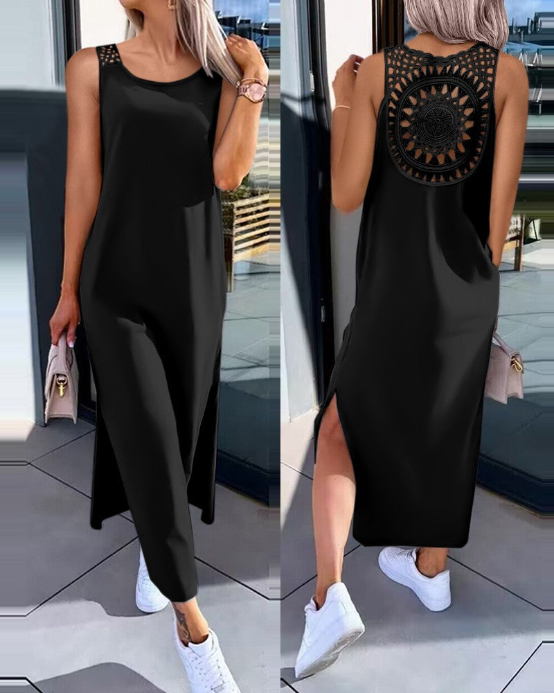 Crochet Back Sleeveless Maxi Tank Dress - Black