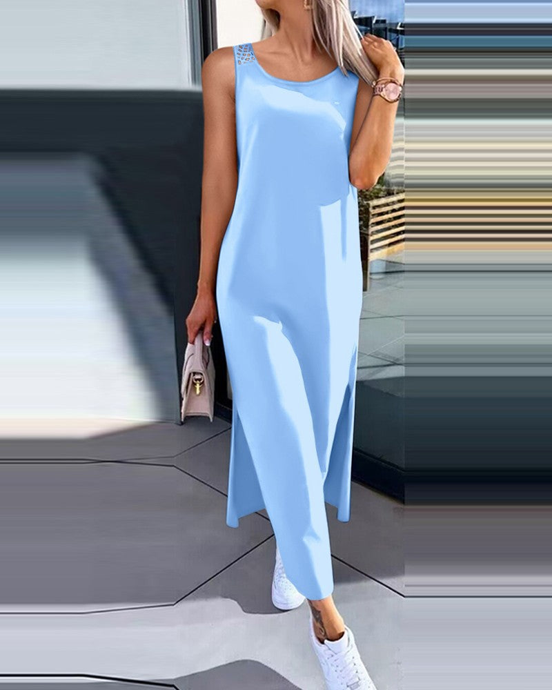 Crochet Back Sleeveless Maxi Tank Dress - Blue - 1