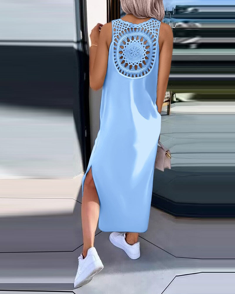 Crochet Back Sleeveless Maxi Tank Dress - Blue - 2