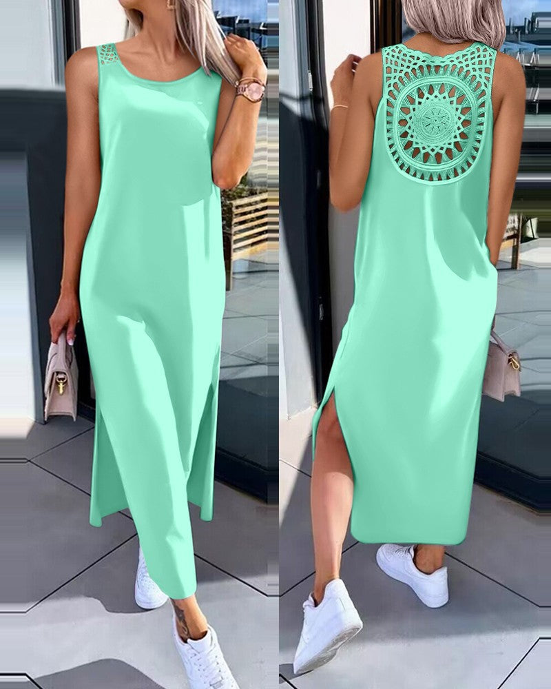 Crochet Back Sleeveless Maxi Tank Dress - Green