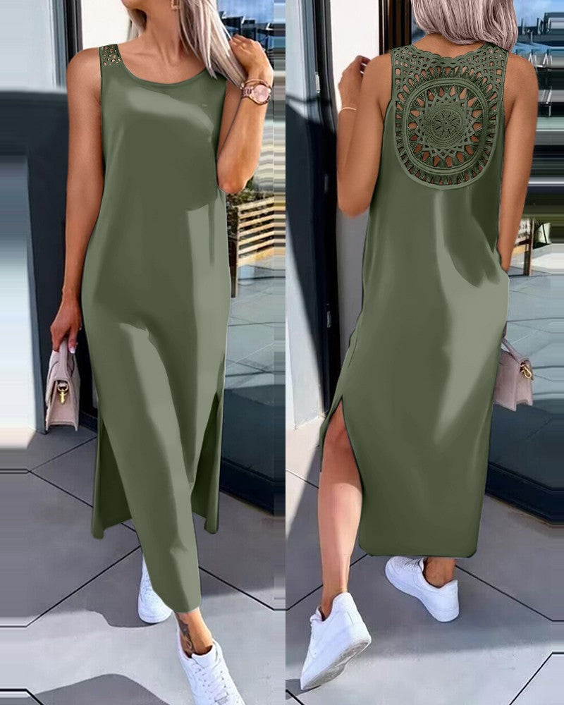 Crochet Back Sleeveless Maxi Tank Dress - Olive