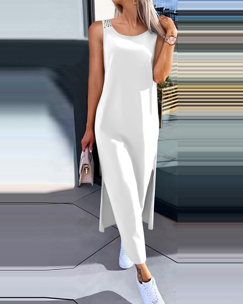 Crochet Back Sleeveless Maxi Tank Dress - White - 1
