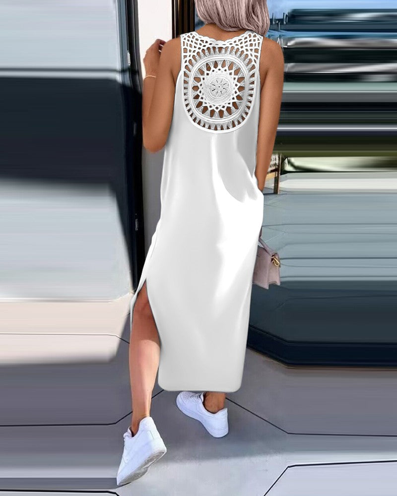Crochet Back Sleeveless Maxi Tank Dress - White - 2
