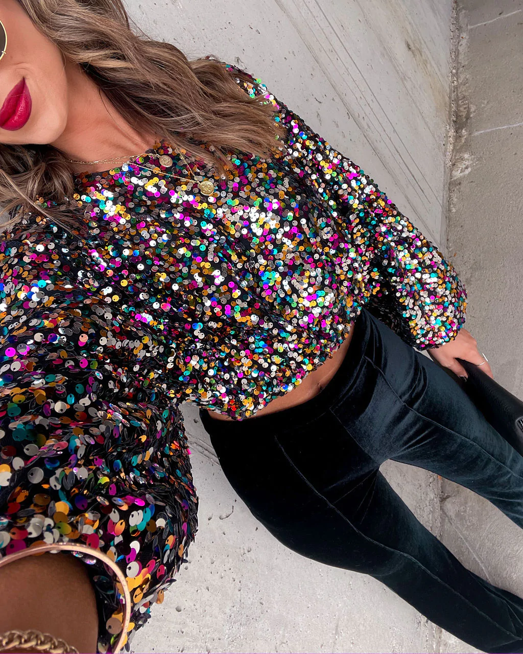 Multicolor Sequin Balloon Sleeve Crop Top - Neon