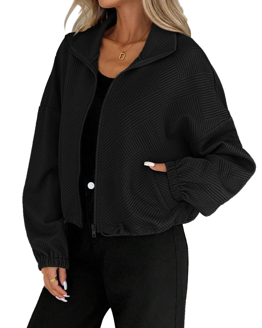 Waffle Knit Zip Up Bomber Jacket - Black