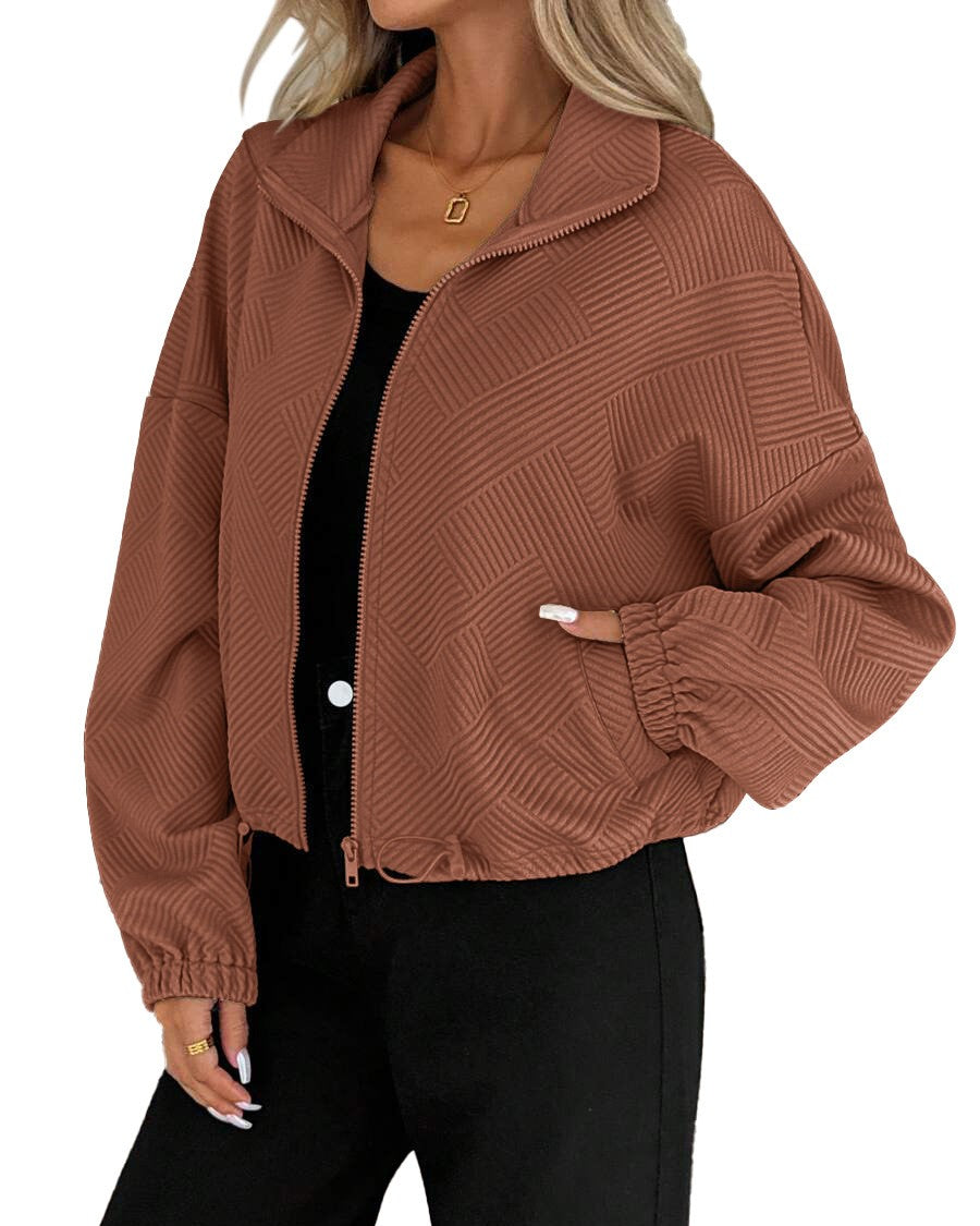 Waffle Knit Zip Up Bomber Jacket - Caramel - 1