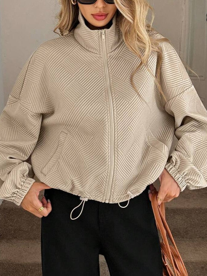 Waffle Knit Zip Up Bomber Jacket - Caramel - 2