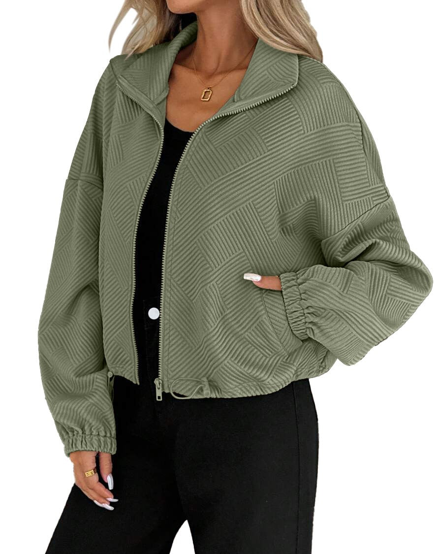 Waffle Knit Zip Up Bomber Jacket - Green