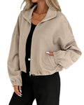 Waffle Knit Zip Up Bomber Jacket - Khaki