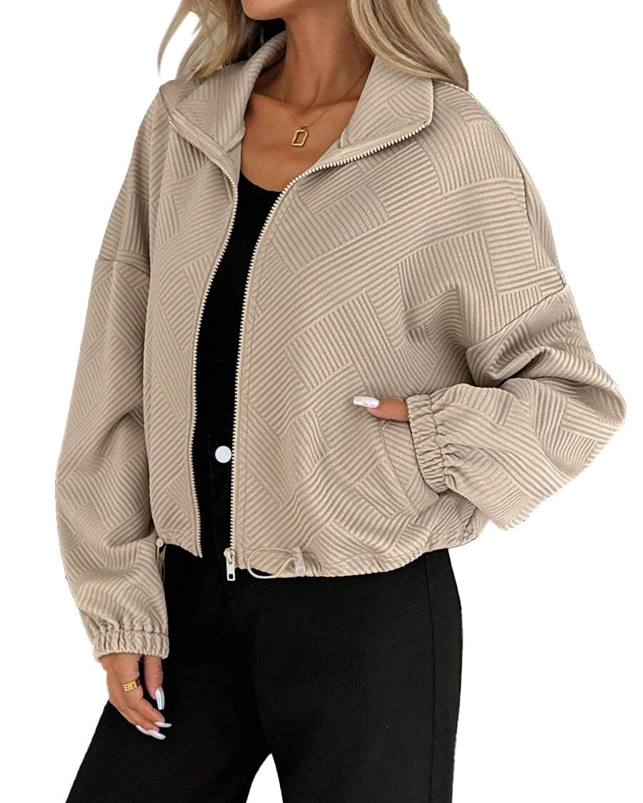 Waffle Knit Zip Up Bomber Jacket - Khaki
