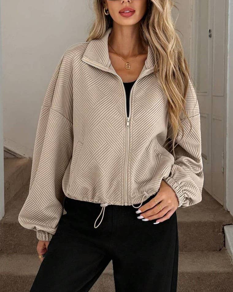 Waffle Knit Zip Up Bomber Jacket