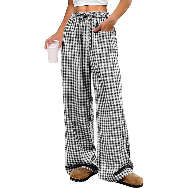 Gingham Wide Leg Pants With Elastic Waist - Black