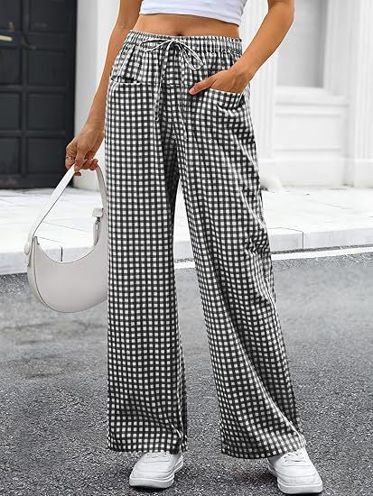 Gingham Wide Leg Pants With Elastic Waist - Black - 1