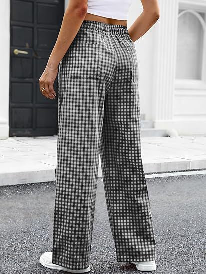 Gingham Wide Leg Pants With Elastic Waist - Black - 2
