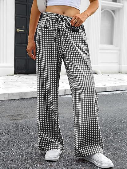 Gingham Wide Leg Pants With Elastic Waist - Black - 3
