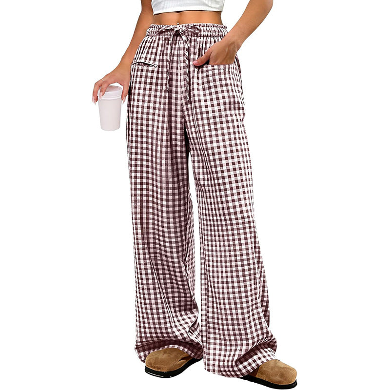 Gingham Wide Leg Pants With Elastic Waist - Coffee