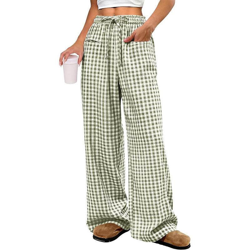 Gingham Wide Leg Pants With Elastic Waist - Green