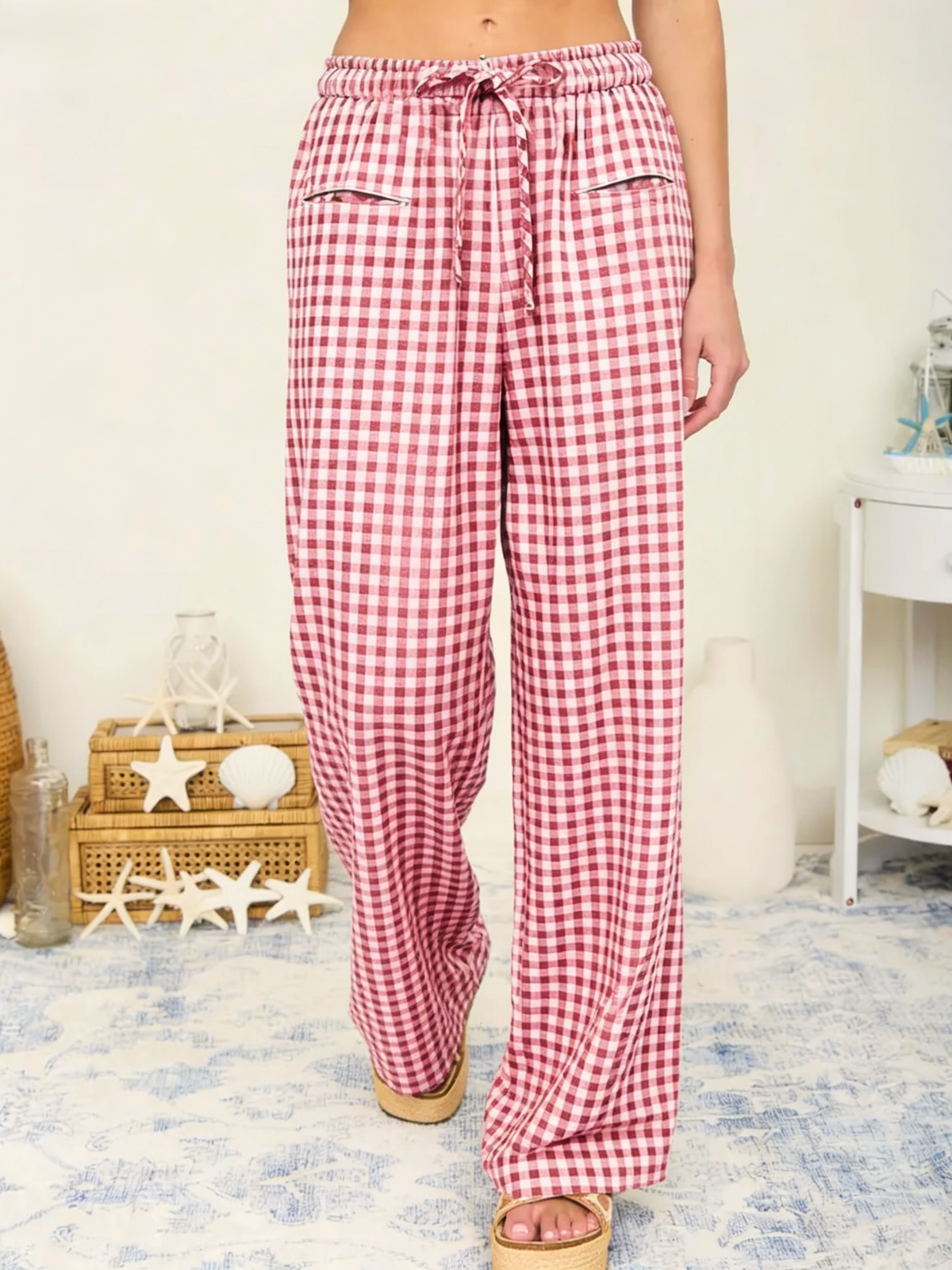 Gingham Wide Leg Pants With Elastic Waist - Red