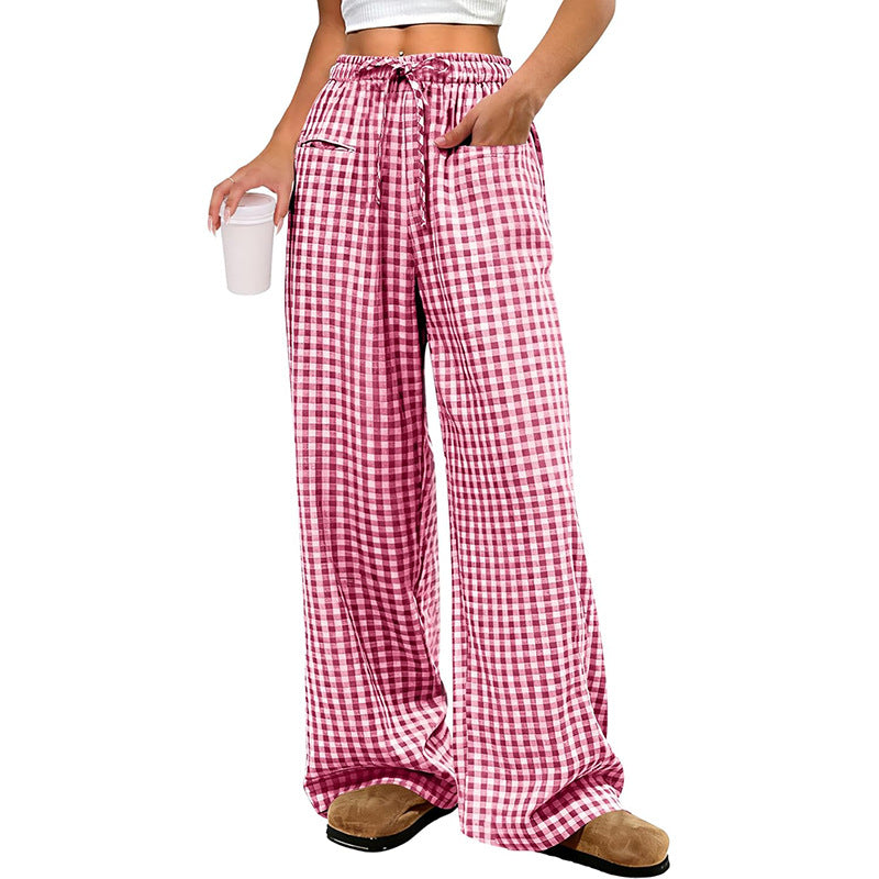 Gingham Wide Leg Pants With Elastic Waist - Red - 1