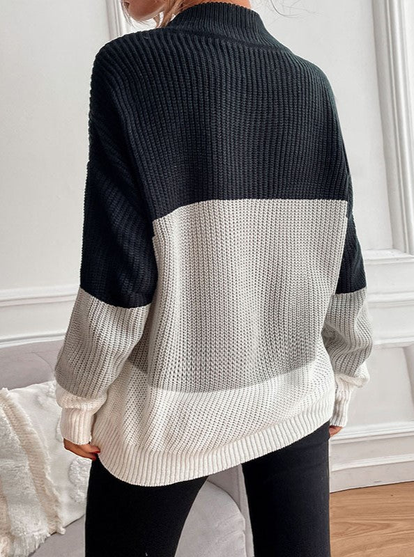 Colorblock Funnel Neck Oversized Sweater - Grey - 1
