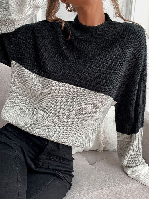 Colorblock Funnel Neck Oversized Sweater - Grey - 3