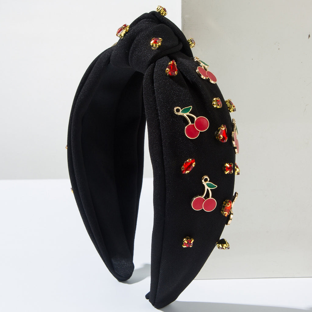 Fruit Charm Rhinestone Knot Headband - Black