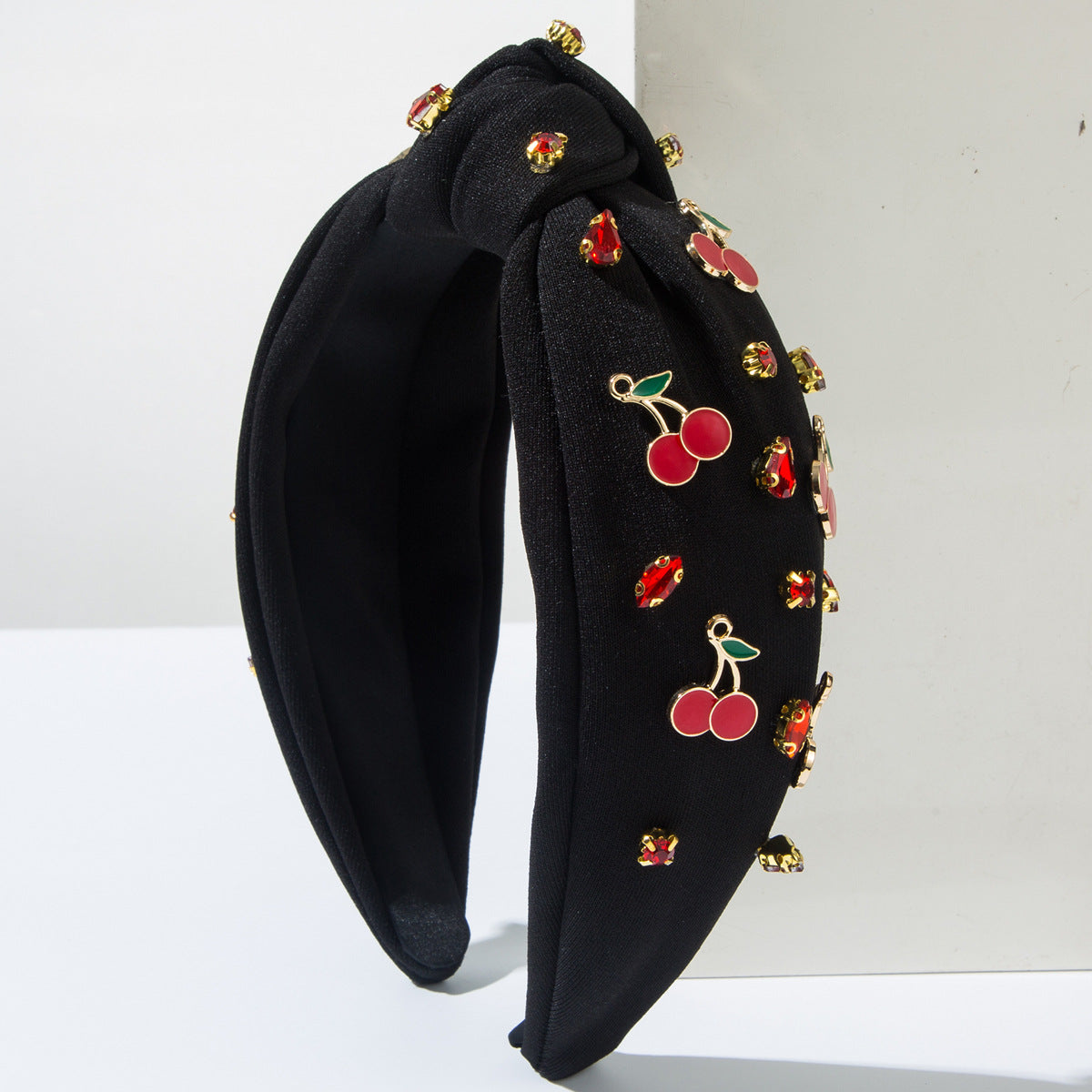 Fruit Charm Rhinestone Knot Headband - Black