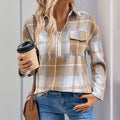 Plaid Half Zip Collared Flannel Top - Khaki