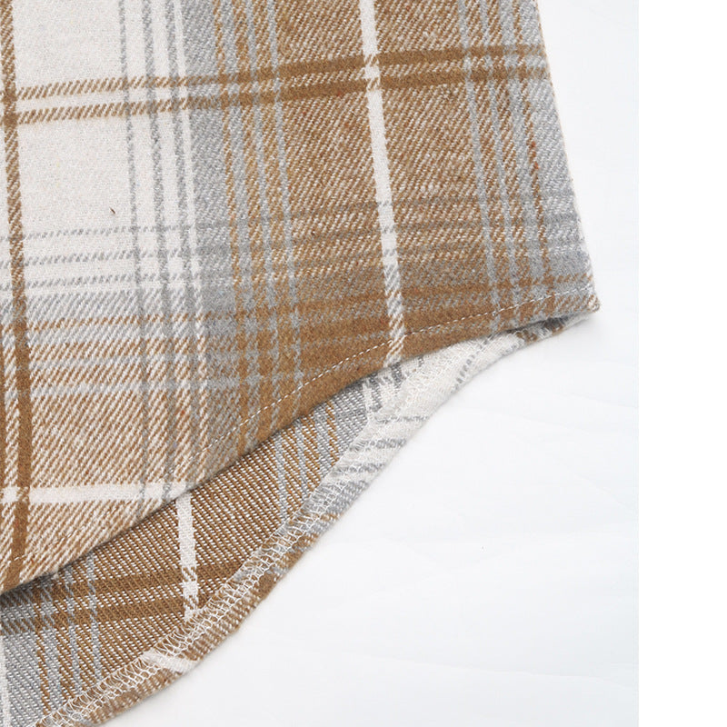 Plaid Half Zip Collared Flannel Top - Khaki - 2