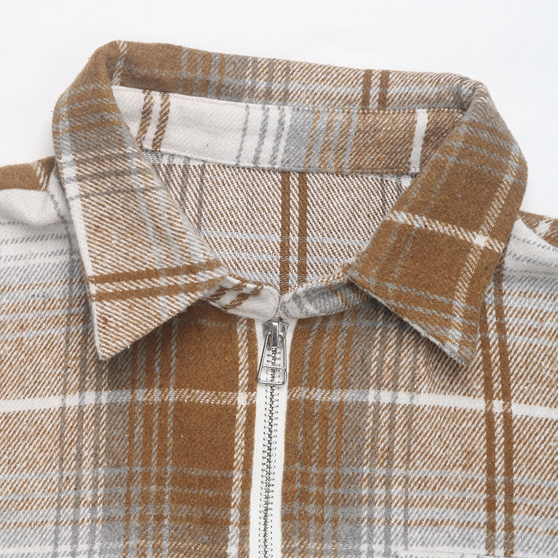 Plaid Half Zip Collared Flannel Top - Khaki - 4