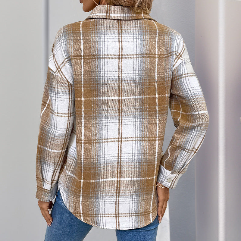 Plaid Half Zip Collared Flannel Top - Khaki - 5